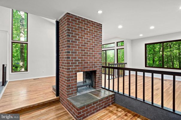 Fireplace, Interior, Recessed Lighting, Stone Walls, Wood Texture Flooring
