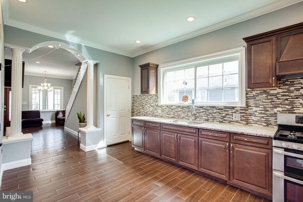 Chandelier, Interior, Kitchen, Recessed Lighting, Wood Texture Flooring