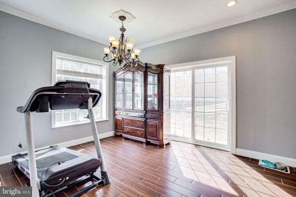 Chandelier, Fitness Equipment, Interior, Recessed Lighting, Wood Texture Flooring