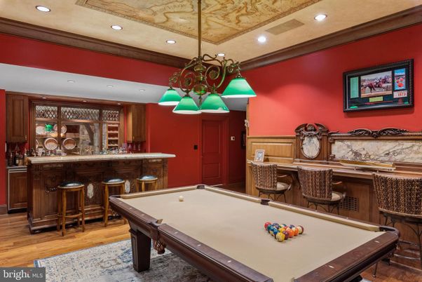 Billiard Table, Chandelier, Game Room, Interior, Recessed Lighting, Wood Texture Flooring