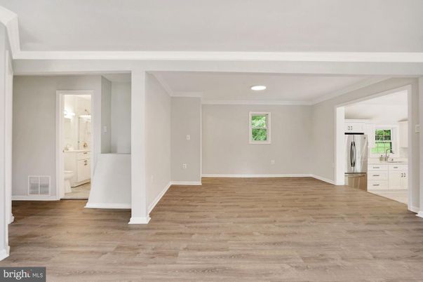 Empty room, Interior, Kitchen, Recessed Lighting, Wood Texture Flooring
