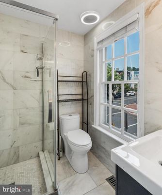Bathroom, Glass Shower, Interior, Marble Walls, Recessed Lighting
