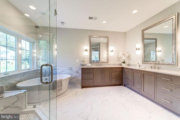 Bathroom, Dual Sink Vanities, Glass Shower, Interior, Marble, Recessed Lighting