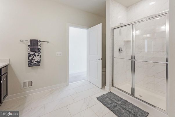 Bathroom, Glass Shower, Interior, Marble, Marble Walls, Recessed Lighting