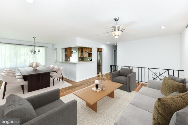 Dining room, Interior, Kitchen, Living room, Recessed Lighting, Stainless Steel Appliances, Wood Texture Flooring