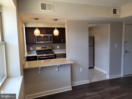 Interior, Kitchen, Marble, Pendant Lights, Stainless Steel Appliances, Wood Texture Flooring