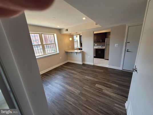Empty room, Interior, Kitchen, Pendant Lights, Recessed Lighting, Wood Texture Flooring