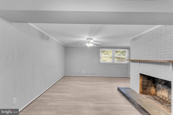 Empty room, Fireplace, Interior, Stone Walls, Wood Texture Flooring