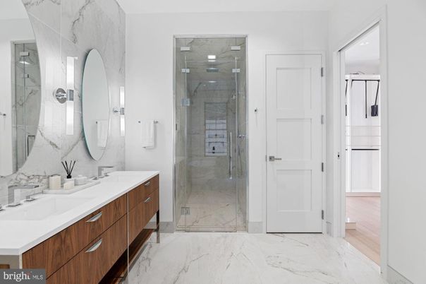 Bathroom, Dual Sink Vanities, Glass Shower, Interior, Marble, Marble Walls