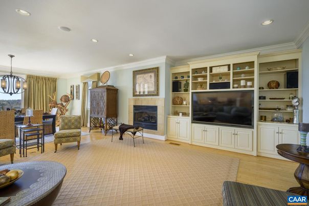 Dining room, Fireplace, Interior, Living room, Pendant Lights, Recessed Lighting, Wood Texture Flooring