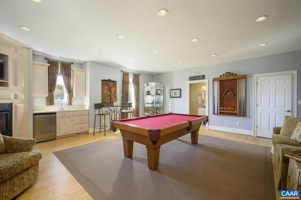 Billiard Table, Game Room, Interior, Recessed Lighting, Wood Texture Flooring