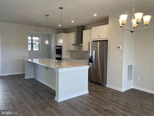 Chandelier, Interior, Kitchen, Pendant Lights, Recessed Lighting, Stainless Steel Appliances, Wood Texture Flooring