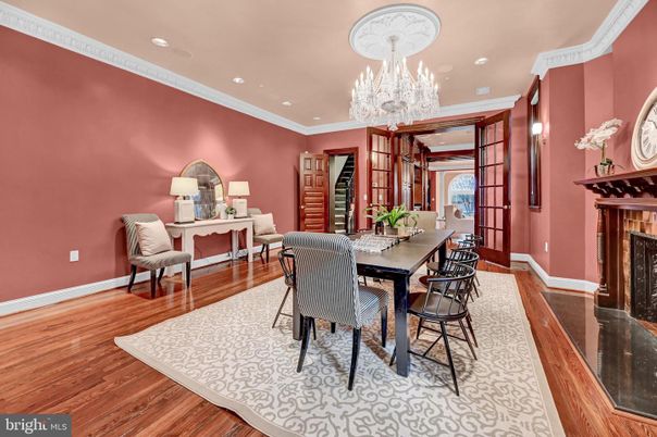 Chandelier, Dining room, Fireplace, Interior, Recessed Lighting, Wood Texture Flooring