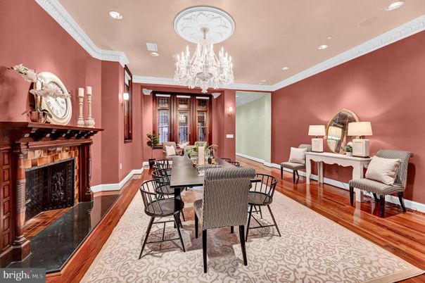 Chandelier, Dining room, Fireplace, Interior, Recessed Lighting, Wood Texture Flooring