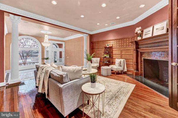 Chandelier, Fireplace, Interior, Living room, Recessed Lighting, Wood Texture Flooring