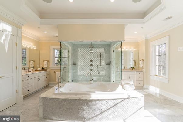 Bathroom, Glass Shower, Interior, Marble, Recessed Lighting