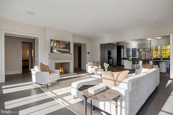 Fireplace, Interior, Kitchen, Living room, Recessed Lighting, Wood Texture Flooring