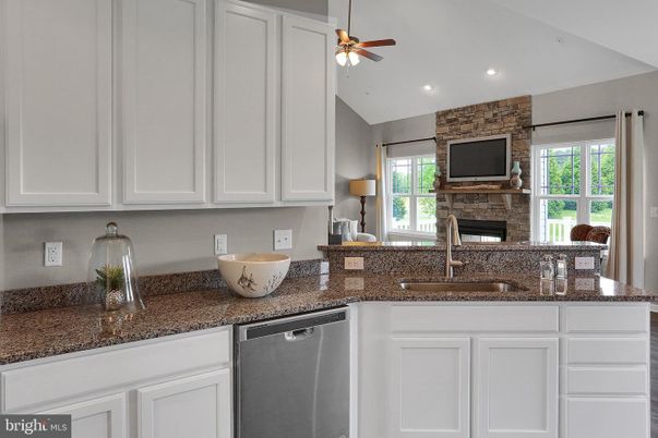 Fireplace, Interior, Kitchen, Recessed Lighting, Stone Walls