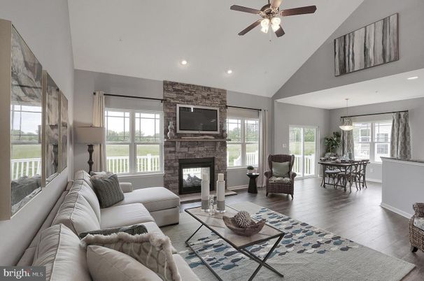 Dining room, Fireplace, Interior, Living room, Pendant Lights, Recessed Lighting, Stone Walls, Wood Texture Flooring