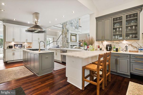 Interior, Kitchen, Marble Walls, Recessed Lighting, Wood Texture Flooring