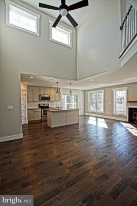 Fireplace, Interior, Kitchen, Recessed Lighting, Stainless Steel Appliances, Wood Texture Flooring