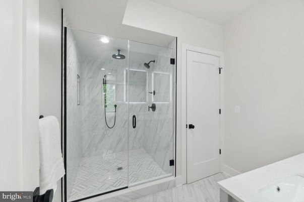 Bathroom, Glass Shower, Interior, Marble, Marble Walls, Recessed Lighting