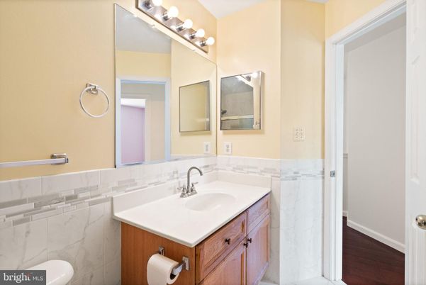 Bathroom, Interior, Marble Walls, Wood Texture Flooring