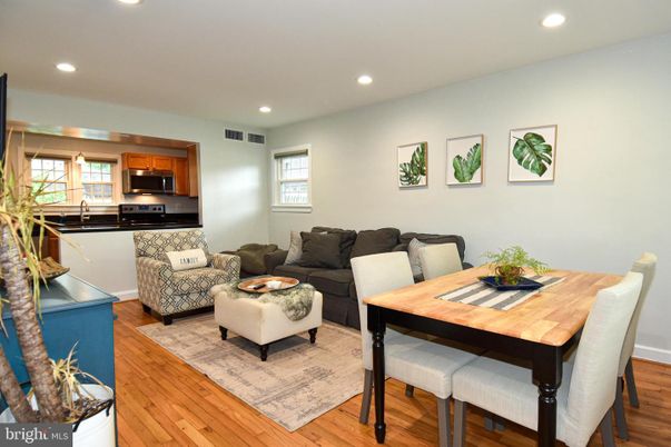 Dining room, Interior, Kitchen, Living room, Recessed Lighting, Stainless Steel Appliances, Wood Texture Flooring