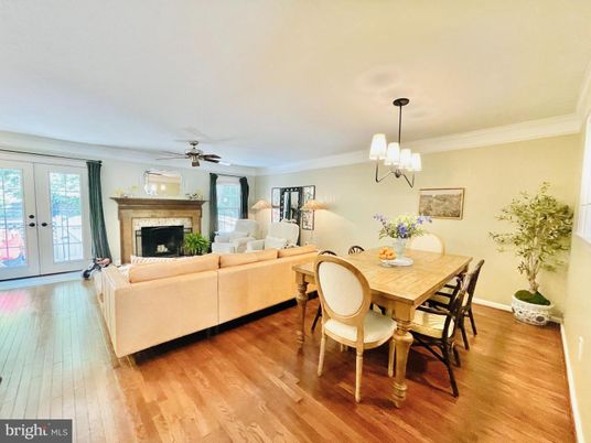 Chandelier, Dining room, Fireplace, Interior, Living room, Pendant Lights, Wood Texture Flooring