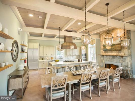 Dining room, Fireplace, Interior, Kitchen, Pendant Lights, Recessed Lighting, Stainless Steel Appliances, Stone Walls, Wooden Beams, Wooden Ceilings