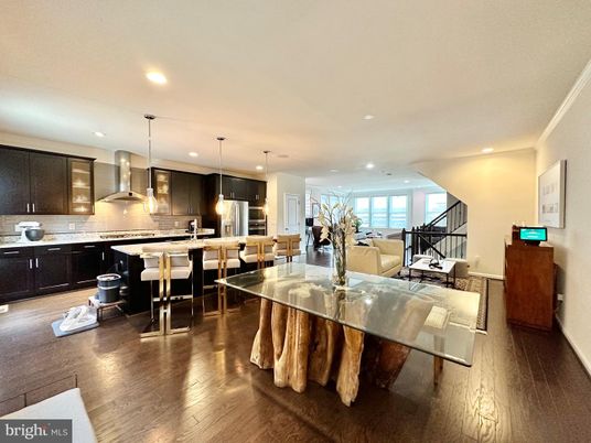 Dining room, Interior, Kitchen, Living room, Pendant Lights, Recessed Lighting, Stainless Steel Appliances, Wood Texture Flooring