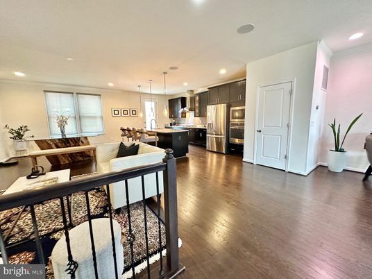 Dining room, Interior, Kitchen, Pendant Lights, Recessed Lighting, Stainless Steel Appliances, Wood Texture Flooring