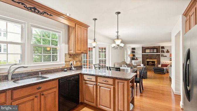 Dining room, Fireplace, Interior, Kitchen, Living room, Pendant Lights, Recessed Lighting, Wood Texture Flooring
