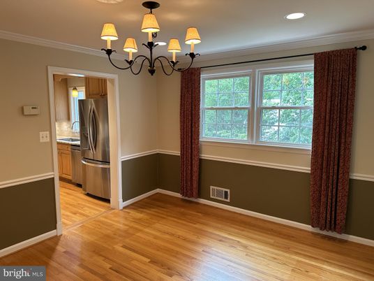 Chandelier, Interior, Kitchen, Recessed Lighting, Stainless Steel Appliances, Wood Texture Flooring