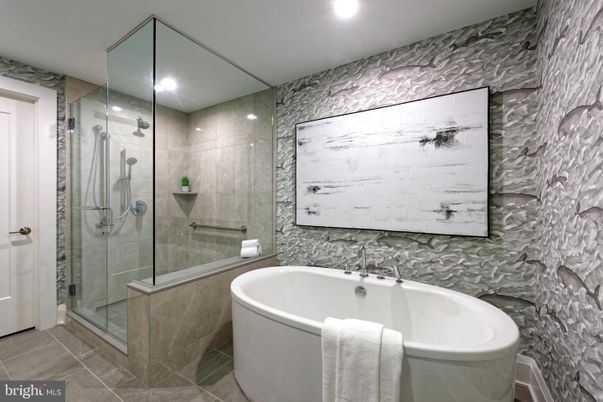 Bathroom, Free Standing Baths, Glass Shower, Interior, Marble Walls, Recessed Lighting