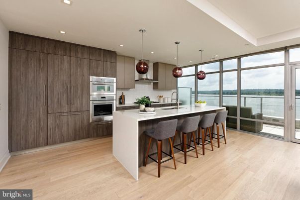 Interior, Kitchen, Pendant Lights, Recessed Lighting, Stainless Steel Appliances, Water, Wood Texture Flooring