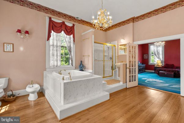 Bathroom, Chandelier, Interior, Wood Texture Flooring