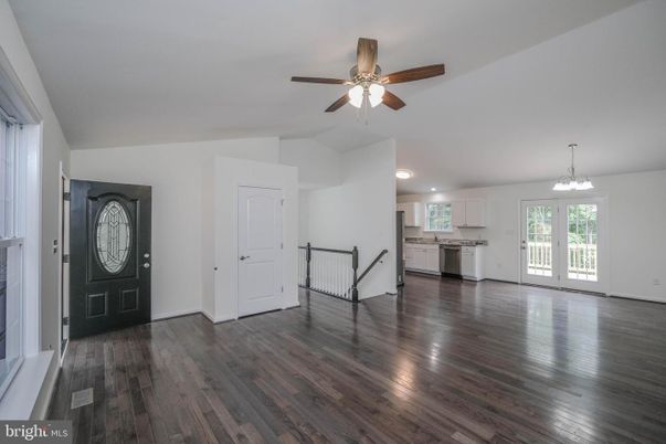 Chandelier, Empty room, Interior, Kitchen, Recessed Lighting, Wood Texture Flooring