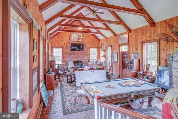 Billiard Table, Fireplace, Game Room, Interior, Living room, Stone Walls, Wooden Beams, Wooden Walls