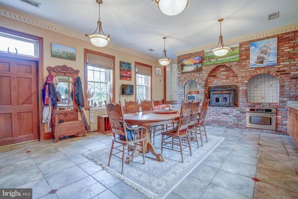 Dining room, Fireplace, Interior, Pendant Lights, Stone Walls