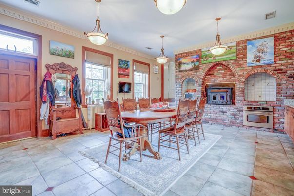 Dining room, Fireplace, Interior, Pendant Lights, Stone Walls
