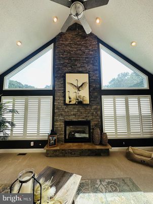 Fireplace, Interior, Recessed Lighting, Stone Walls