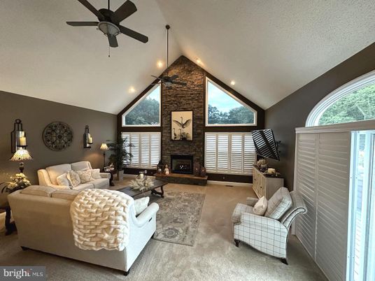 Fireplace, Interior, Living room, Recessed Lighting, Stone Walls