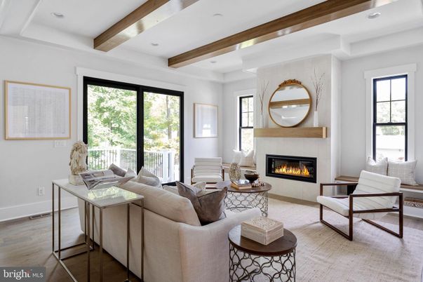Fireplace, Interior, Living room, Recessed Lighting, Wooden Beams, Wood Texture Flooring