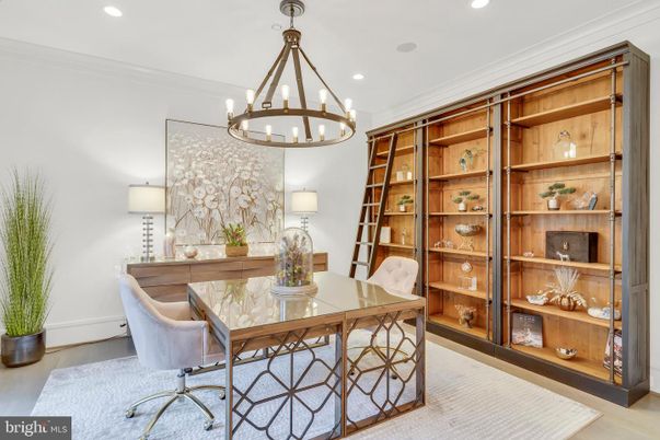 Chandelier, Home Office, Interior, Recessed Lighting, Wood Texture Flooring