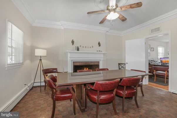 Dining room, Fireplace, Interior, Wood Texture Flooring