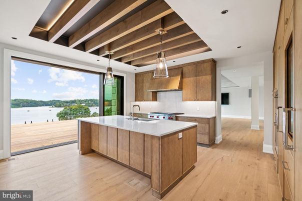 Interior, Kitchen, Pendant Lights, Recessed Lighting, Stainless Steel Appliances, Wooden Beams, Wooden Ceilings, Wood Texture Flooring