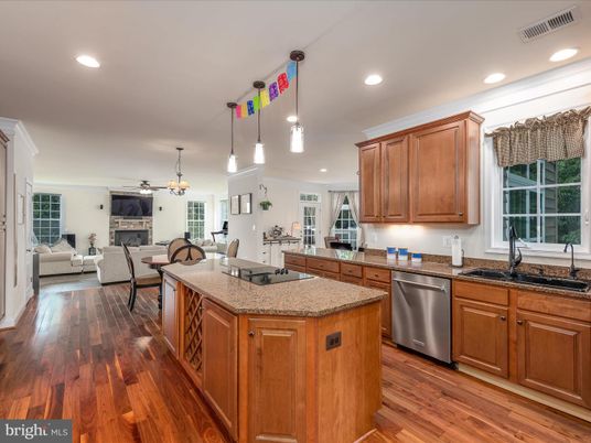 Dining room, Fireplace, Interior, Kitchen, Living room, Pendant Lights, Recessed Lighting, Wood Texture Flooring