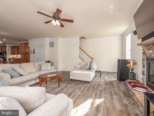 Fireplace, Interior, Kitchen, Living room, Recessed Lighting, Wood Texture Flooring