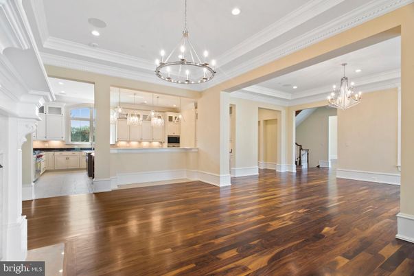 Chandelier, Empty room, Interior, Kitchen, Pendant Lights, Recessed Lighting, Wood Texture Flooring